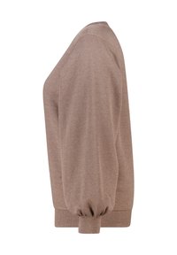 Bruine pullovertrui met een gestructureerde afwerking, voorzien van raglanmouwen en elastische boorden. Het ontwerp is eenvoudig en heeft een ontspannen pasvorm.
