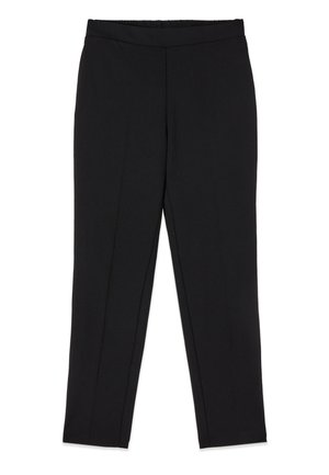Zwarte slim-fit broek met een gladde tailleband, rechte pijpen en zonder zichtbare zakken of versieringen.