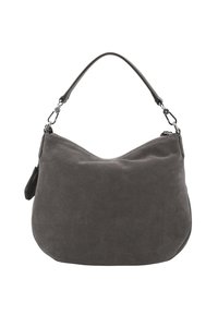 Dark gray suede shoulder bag with a single strap and silver-tone clasps, zip closure, and a small attached pouch on the side.