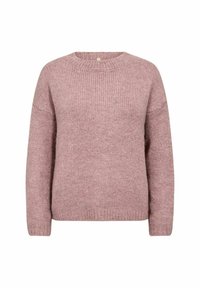 Light pink knitted sweater with a round neckline, ribbed cuffs, and a textured fabric. Features a relaxed fit and soft, cozy appearance.