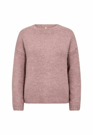 Light pink knitted sweater with a round neckline, ribbed cuffs, and a textured fabric. Features a relaxed fit and soft, cozy appearance.