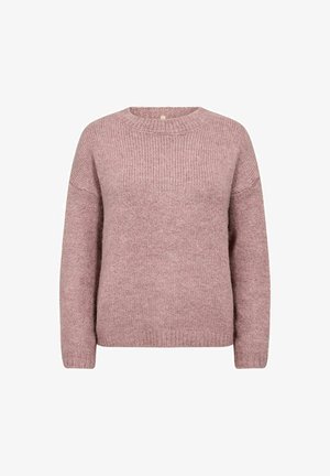 Svijetloružasti pleteni pulover s okruglim izrezom, rebrastim manžetama i teksturiranim materijalom. Ima opušteni kroj i mekan, ugodan izgled.