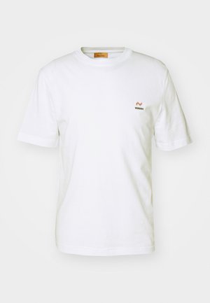 T-shirt en coton blanc à manches courtes, col rond, avec un petit logo multicolore Missoni sur la poitrine gauche.