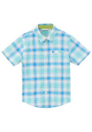 Korte mouw knoopoverhemd met een blauw en groen geruit patroon, voorzien van een borstzak en een kraag. Van katoen materiaal.