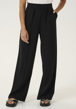 Black wide-leg trousers with a high waist, pleats, and side pockets. Made from lightweight fabric, featuring a smooth texture and clean lines.
