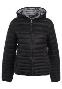 Zwart gewatteerd jack met een ritssluiting aan de voorkant, capuchon en een grijze voering. Heeft een horizontaal gestikte ontwerp met elastische manchetten en zoom.