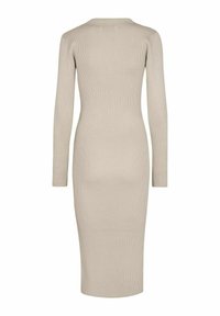Vestito a maniche lunghe a costine in un beige chiaro, silhouette aderente, lunghezza al ginocchio, caratterizzato da un colletto rotondo e tessuto strutturato.