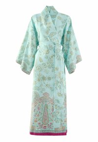 Long kimono-style robe in light turquoise fabric, featuring floral and paisley patterns in pink and gold. Includes wide sleeves and a tie waist.