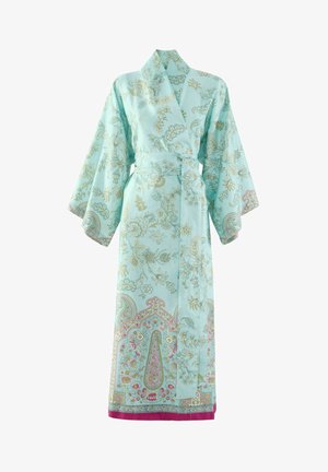 Long kimono-style robe in light turquoise fabric, featuring floral and paisley patterns in pink and gold. Includes wide sleeves and a tie waist.