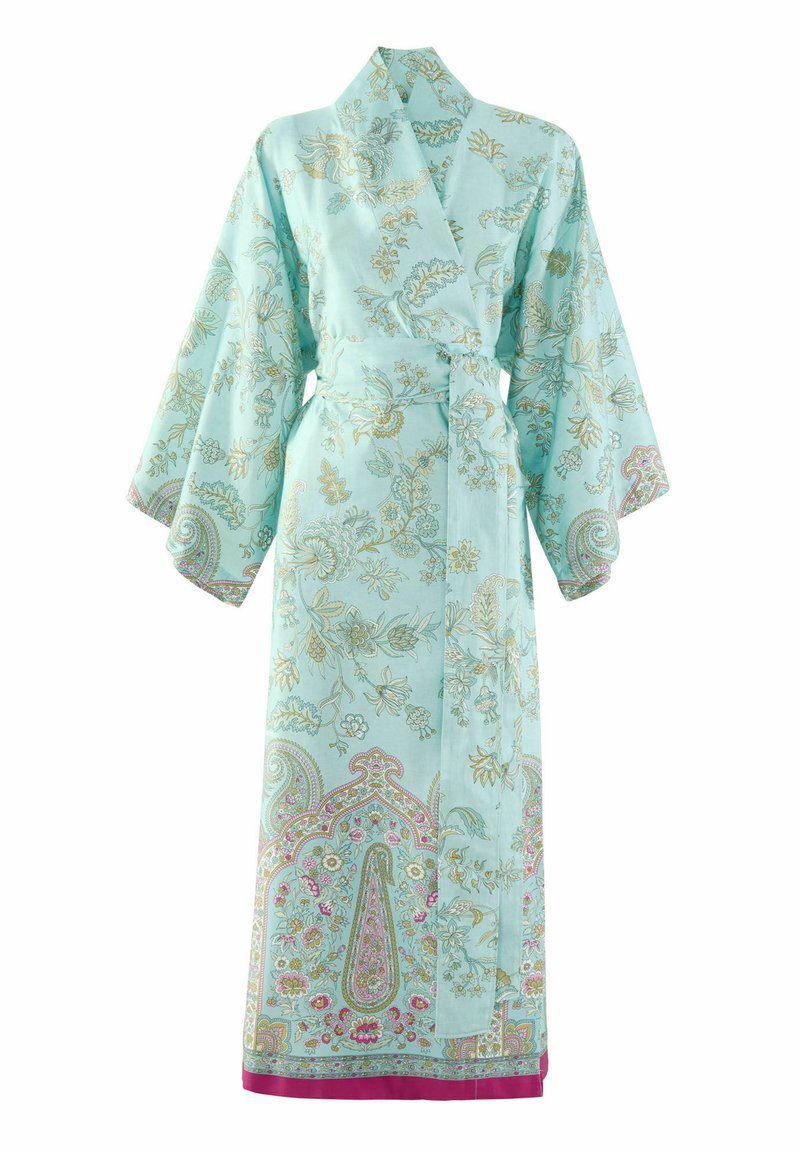 Long kimono-style robe in light turquoise fabric, featuring floral and paisley patterns in pink and gold. Includes wide sleeves and a tie waist.