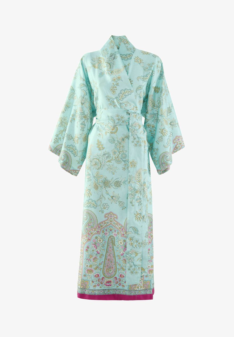Long kimono-style robe in light turquoise fabric, featuring floral and paisley patterns in pink and gold. Includes wide sleeves and a tie waist.