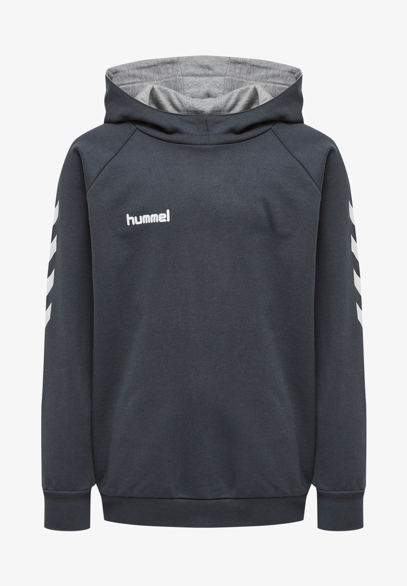 Sudadera de color gris oscuro con un forro gris claro, que presenta un logo en la parte frontal y rayas blancas en las mangas. Fabricada con tela suave y un corte relajado.