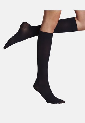Zwarte kniekousen met een gladde textuur, doorzichtige stof en een verstevigde teen en hiel. Elastische boord voor een veilige pasvorm.