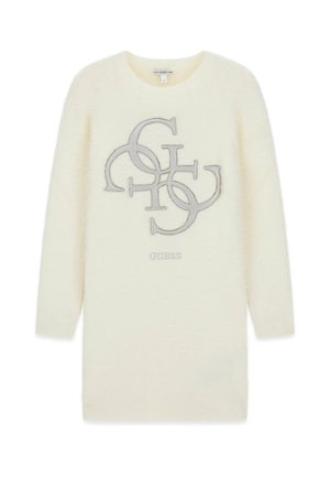 Hvid, luftig sweaterkjole lavet af blødt materiale, med et gråt broderet logo-design og en rund halsudskæring. Lange ærmer inkluderet.