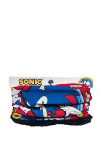 Bandana multifuncional de Sonic the Hedgehog en tela azul y roja, con gráficos de dibujos animados y un acento de forro polar negro en el borde inferior.