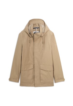 Beige lightweight jacket with a hood, drawstring details, two front pockets, and button closures. Smooth fabric with a minimalist design.