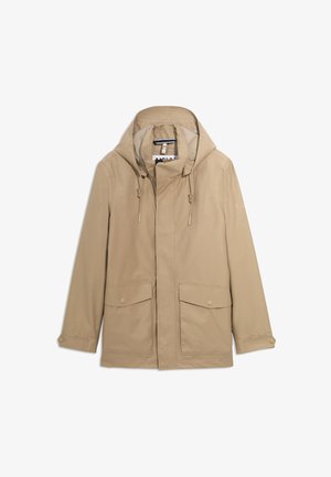 Beige lightweight jacket with a hood, drawstring details, two front pockets, and button closures. Smooth fabric with a minimalist design.