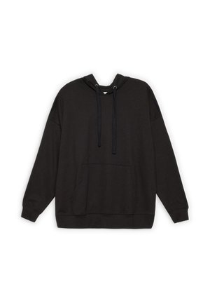 Sudadera con capucha negra hecha de una tela suave, que cuenta con un bolsillo frontal, cordones en la capucha y puños y dobladillo acanalados.