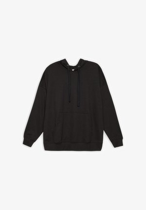 Sudadera con capucha negra hecha de una tela suave, que cuenta con un bolsillo frontal, cordones en la capucha y puños y dobladillo acanalados.