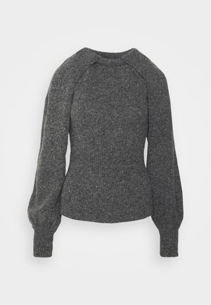 Tummanharmaa pilkullinen neulepusero, jossa on pitkät puffihihaiset hihat sekä istuvat resorit hihansuissa ja helmassa.