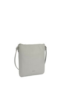 Borsa a tracolla grigia in pelle con una texture liscia, chiusura con zip e tracolla regolabile; presenta un logo del brand in rilievo sul davanti.