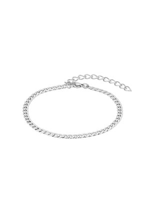 Bracelet chaîne en argent avec des maillons entrelacés et une chaîne d'extension réglable avec une fermeture à mousqueton sur fond blanc.