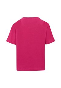 T-shirt en coton fuchsia à manches courtes, col rond et texture lisse. Pas de graphiques ni d'accents visibles au dos.