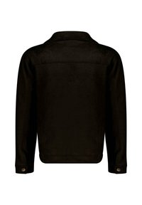 Veste en daim noir avec une coupe droite, des manches longues et un col. Avec des poignets à boutons et un dos sans couture.
