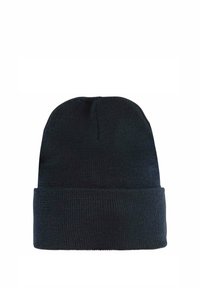 Gorro de punto negro con vuelta, textura suave, parte superior redondeada y detalles de costura sutiles. Adecuado para diversas actividades al aire libre.