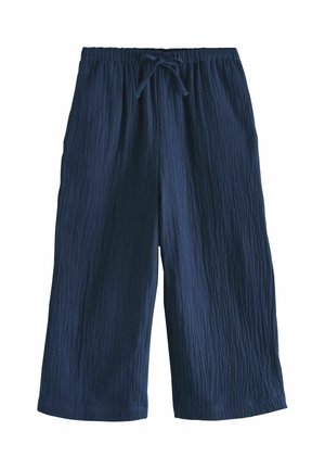 Modré široké krátke nohavice s textúrovanou tkaninou, elastickým pásom a predným šnúrkovaním.