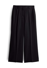 Pantalon noir à jambes larges avec passants pour ceinture, poches avant et fermeture plate à l'avant, présenté sur un fond blanc.