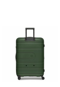 Maleta rígida de color verde oscuro, con una superficie texturizada, mango retráctil y cuatro ruedas para una fácil movilidad.