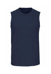 Maglietta senza maniche di un blu navy scuro realizzata in cotone. Presenta un collo a giro e un orlo dritto. Design semplice senza motivi né adornamenti.