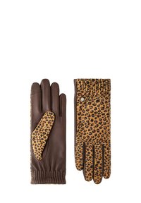 Par de guantes de cuero marrón con tejido de estampado de leopardo en el dorso y el pulgar, con una muñequera fruncida y un pequeño botón de metal.