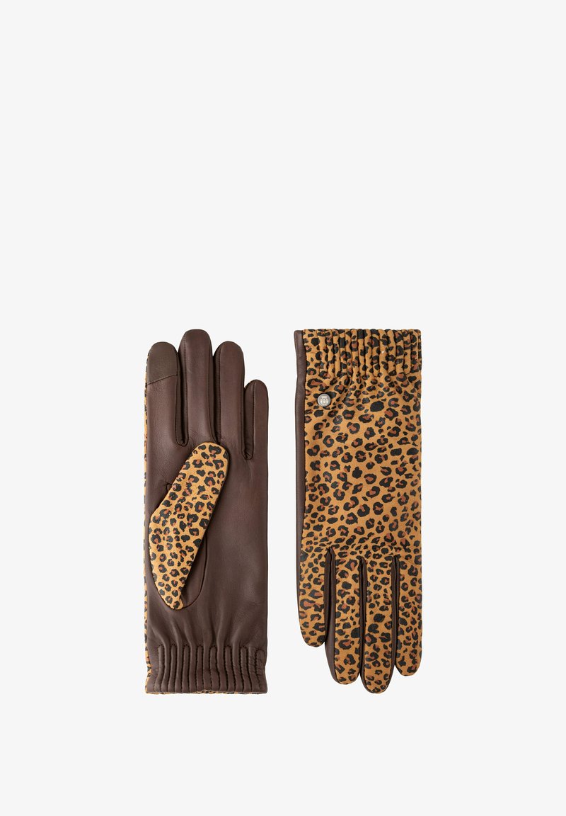 Par de guantes de cuero marrón con tejido de estampado de leopardo en el dorso y el pulgar, con una muñequera fruncida y un pequeño botón de metal.