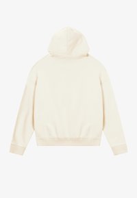 Sweat à capuche de couleur crème, posé à plat montrant le dos, avec des manches longues, des poignets côtelés et une capuche sans détails ni motifs visibles.