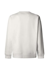 Lichtgrijze trui met ronde hals, geribde manchetten en zoom. Gladde textuur en ruime pasvorm, met een eenvoudig ontwerp zonder patronen.