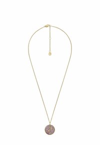 Collana in tono oro con un pendente circolare che presenta uno sfondo di pietra viola e il simbolo del Sagittario, impreziosito da piccole stelle e da una chiusura.