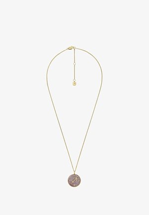 Goldfarbener Halsreif mit einem runden Anhänger, der einen violetten Steinhintergrund und das Symbol des Schützen zeigt, akzentuiert durch kleine Sterne und einen Verschluss.