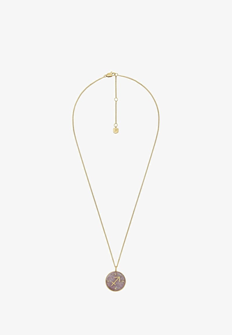 Guldtonad halsband med en cirkulär berlock som har en lila ston-bakgrund och skyttens symbol, prydd med små stjärnor och en lås.