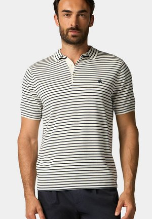 Gestreept polo shirt met marineblauwe en witte horizontale strepen, korte mouwen, knoopsluiting bij de kraag en klein logo op de linker borst. Katoenen materiaal.