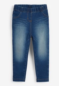 Pantaloni in denim blu con una cintura elastica, dotati di tasche frontali e un design sbiadito, realizzati per una vestibilità slim.