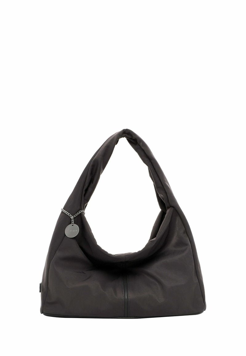 Borsa hobo nera in tessuto morbido con una grande forma svasata. Presenta una catena con un dettaglio a ciondolo circolare e un fondo con zip.