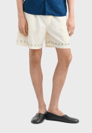 Person trägt cremefarbene Shorts mit grünen Sternmustern am Saum, ein blaues Hemd und schwarze Slip-On-Schuhe und steht mit gekreuzten Beinen.