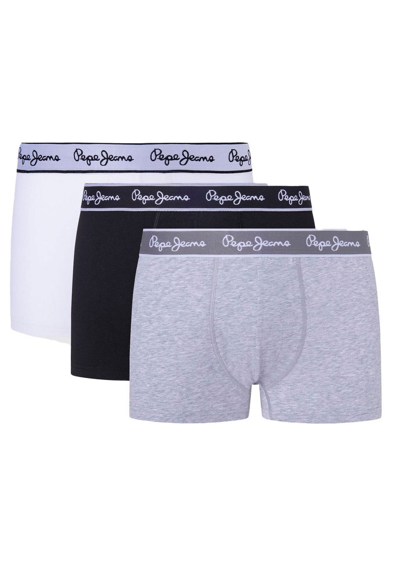 Drei Paar Männer-Boxershorts in Weiß, Schwarz und Grau. Jede verfügt über einen weichen Bund mit dem "Pepe Jeans" Logo in schwarzem Text.
