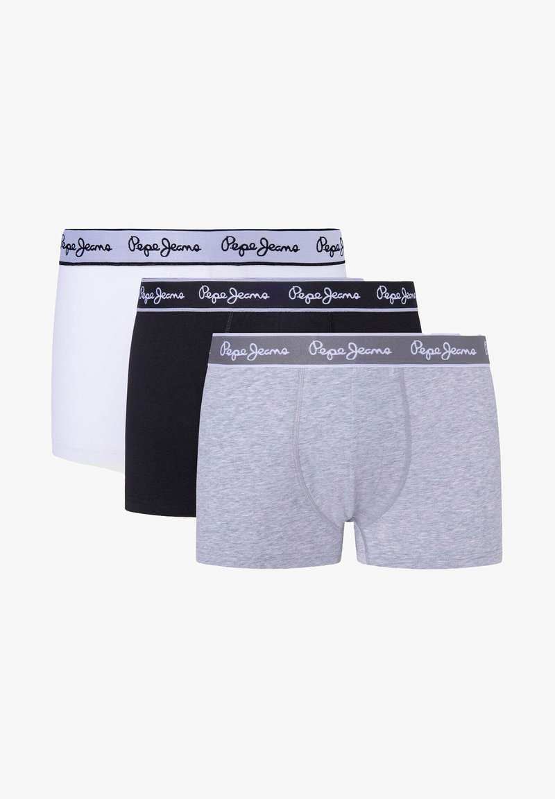 Tres pares de calzoncillos para hombre en blanco, negro y gris. Cada uno cuenta con una suave cinturilla con el logo "Pepe Jeans" en texto negro.