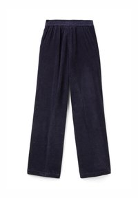 Navy blue corduroy trousers with elastic waistband and straight legs laid flat on white background.