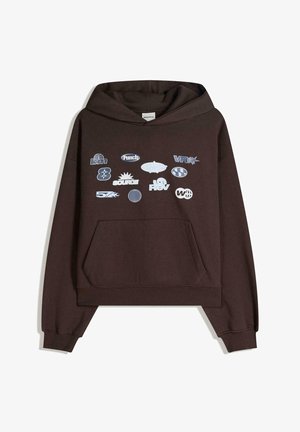 Brown hoodie with a front pocket featuring multiple white and light blue logos in varying sizes and designs on the front.