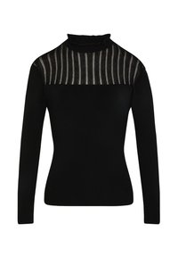 Haut noir à manches longues avec un col haut froncé. La section supérieure présente un motif rayé transparent, contrastant avec le corps uni.