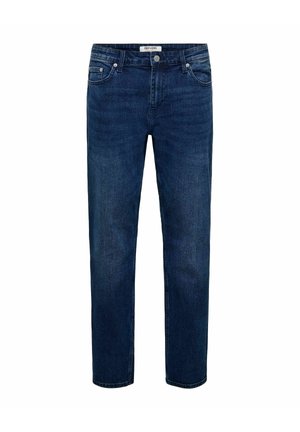 Jeans blu scuro a gamba dritta con cinque tasche, passanti per cintura e chiusura con bottone in vita.